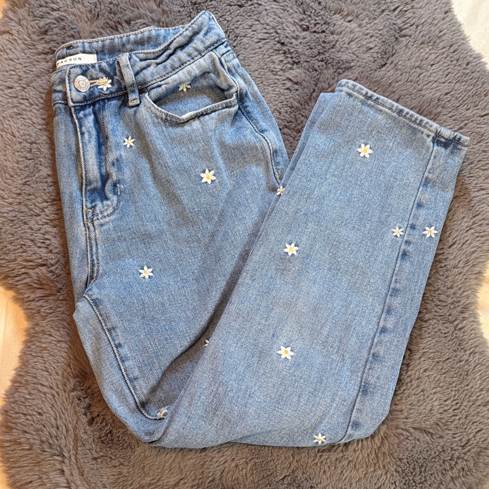 PacSun Blue Straight Leg Jeans with White Floral Embroidery